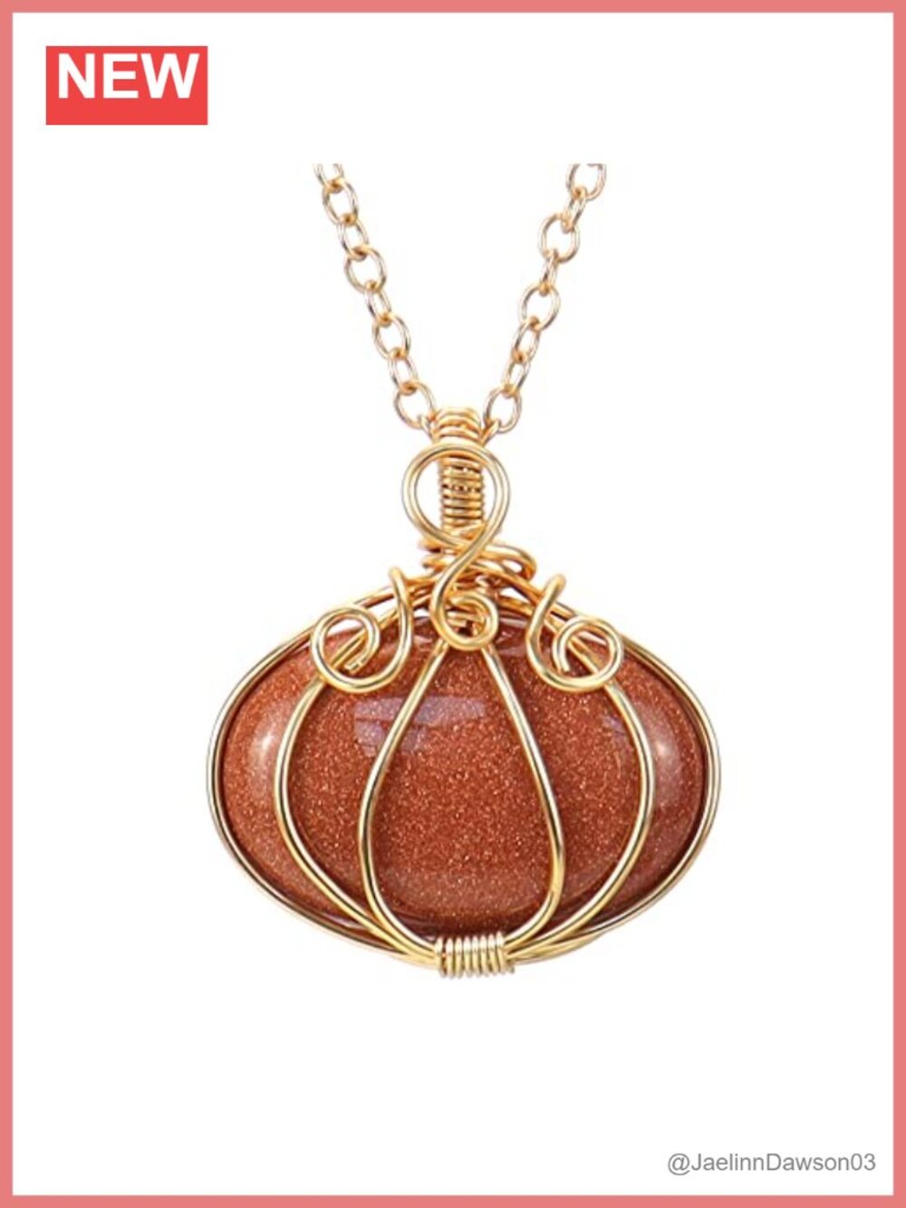 Natural Quartz Stone Pendant Necklace, Gold Plated Wire Wrap Pumpkin Necklace